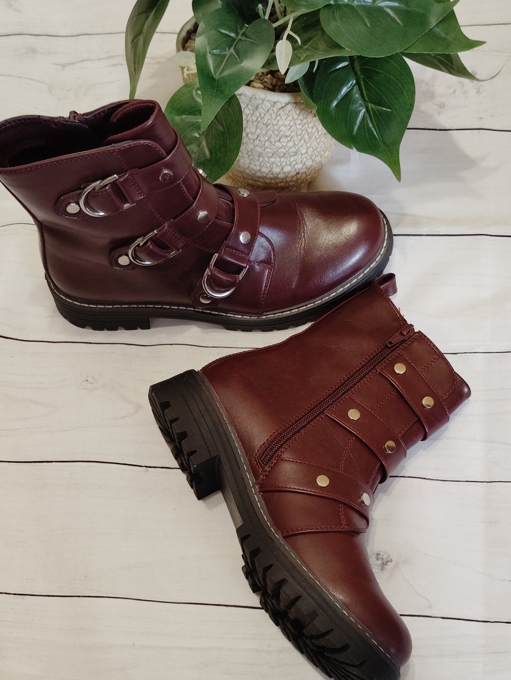 Women’s Burgundy Ankle Boots - Stylish Buckle Detail